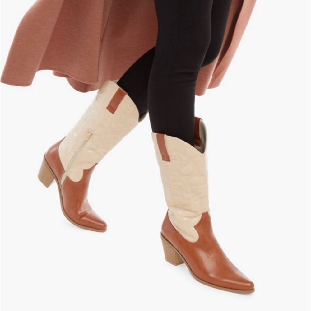 JustFab “Natasha” White & Tan Cowboy Boots—NEW